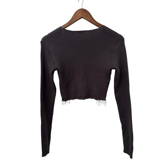 ZARA Gray Ribbed Knit Cropped Sweater w/ Pearl Rhinestone Fringe Hem - Size M - Picture 3 of 12